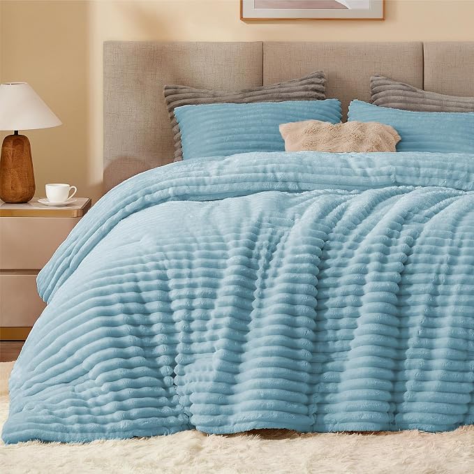 BEDELITE Fleece Twin/Twin XL Comforter Set, Fluffy Bed Set, Light Blue | Super Soft & Warm Bedding, Luxury Fuzzy Faux Fur Comforter for Winter, Heavy Plush Bedding, with 1 Pillowcase
