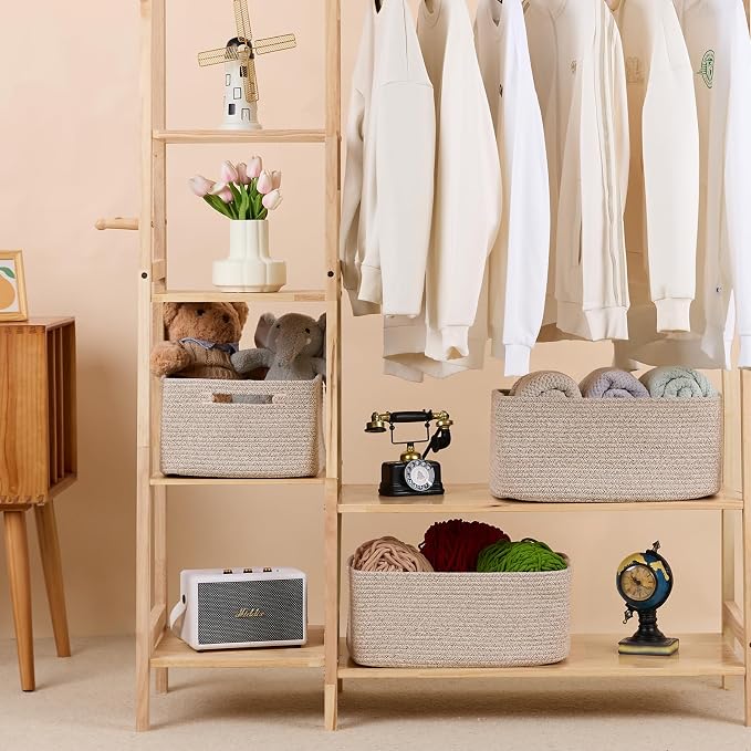 MiniArk Large Storage Baskets for Organizing, 17 x 13 x 7.5” Closet Shelf Baskets for Clothes Blanket Towels, Baby Nursery, Toy Bins Box, Woven Rope Baskets, 4 Packs Mixed Brown
