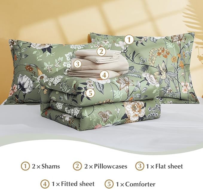 Full Size Comforter Sets - 7 Pieces Floral Bed in a Bag Full Bedding Set | Green Botanical Texture Flowers Comforter Set with Sheets, Pillowcases & Shams for All Seasons