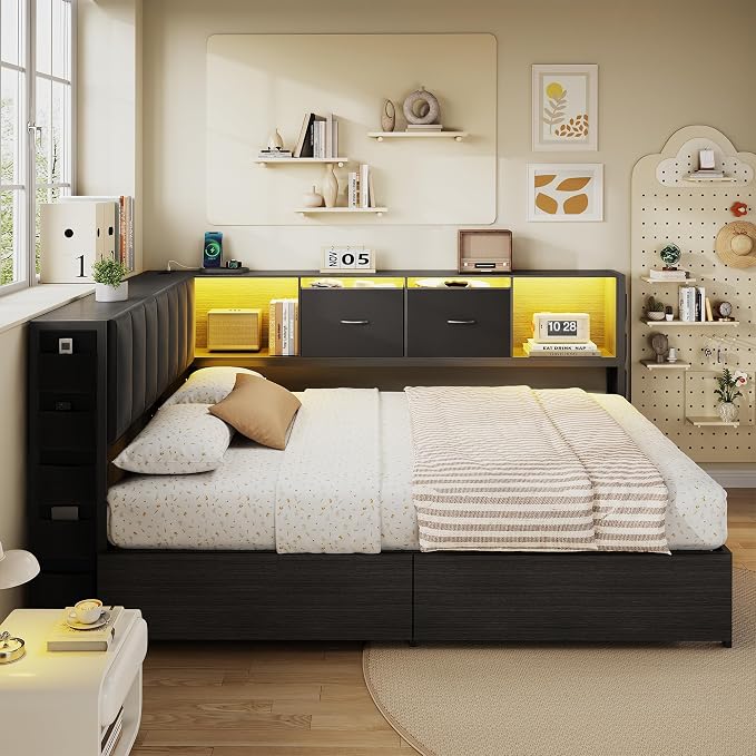 MapleGrace Full Corner Bed Frame with Upholstered Storage Headboard and Drawers, Metal Platform Bed Frame with LED Light and Charging Station, Full Daybed for Living Room, Bedroom & Guest Room, Black