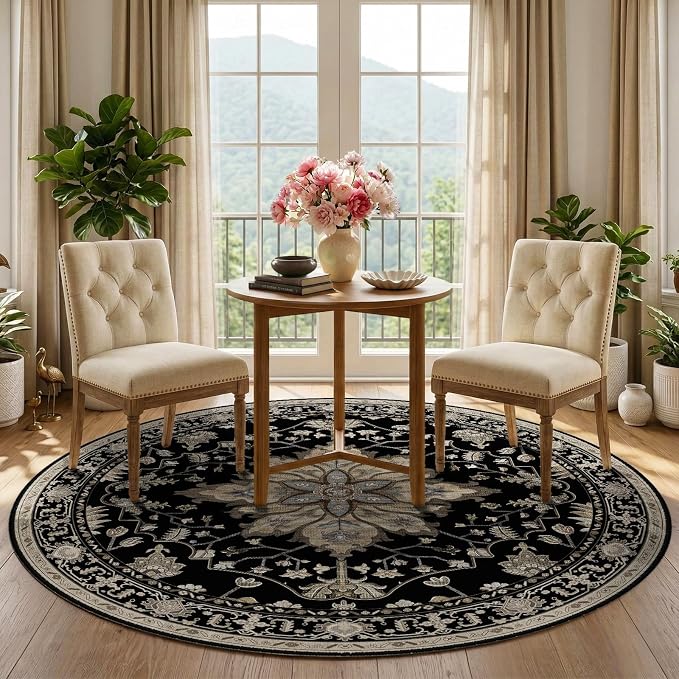 RELEANY Washable Area Rug, Round 5ft, Black/Neutral | Non-Slip, Water Repellent, Pet Friendly, Easy to Clean, Vintage Floral Boho Decor for Living Room Bedroom Dining Room