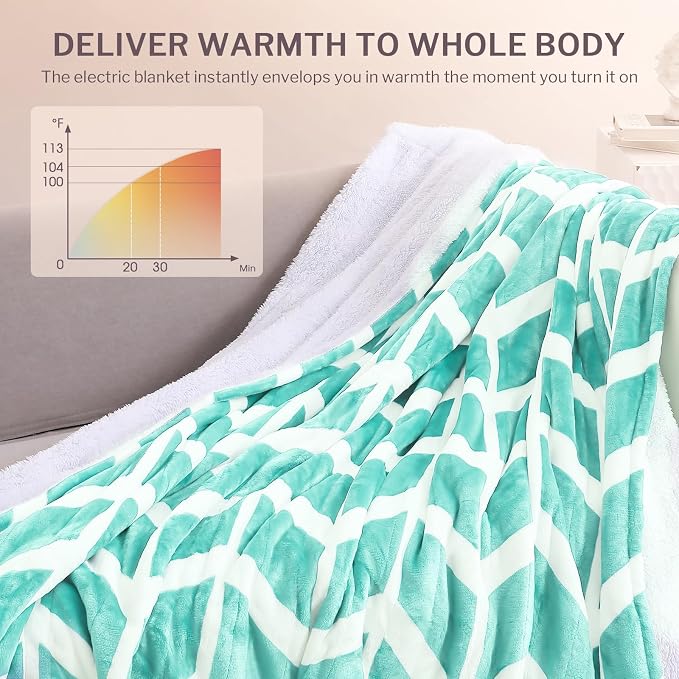 VENTIMI Heated Blanket Full, 9 Heat Levels & 2-10 Hours Auto Off, Green | ETL & FCC, Fast Warming, 72" x 84", Flannel and Sherpa, Couch Bed Use, Machine Washable, Removable Controller