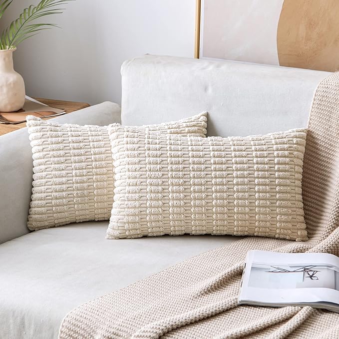 MIULEE Lumbar Corduroy Decorative Throw Pillow Covers 24x14 Cream White | Pack of 2 Soft Boho Striped Pillow Covers Modern Farmhouse Home Decor For Sofa Living Room Couch Bed