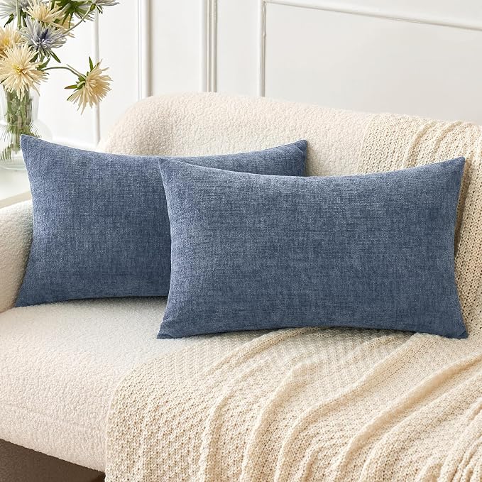 MIULEE Chenille Lumbar Throw Pillow Covers Dark Grey Blue 12x20 Pack of 2 | Soft Modern Coastal Decor, Classic Decorative Pillows, Solid Dyed Cases, Boho Couch Cushion Covers for Sofa Bed Living Room
