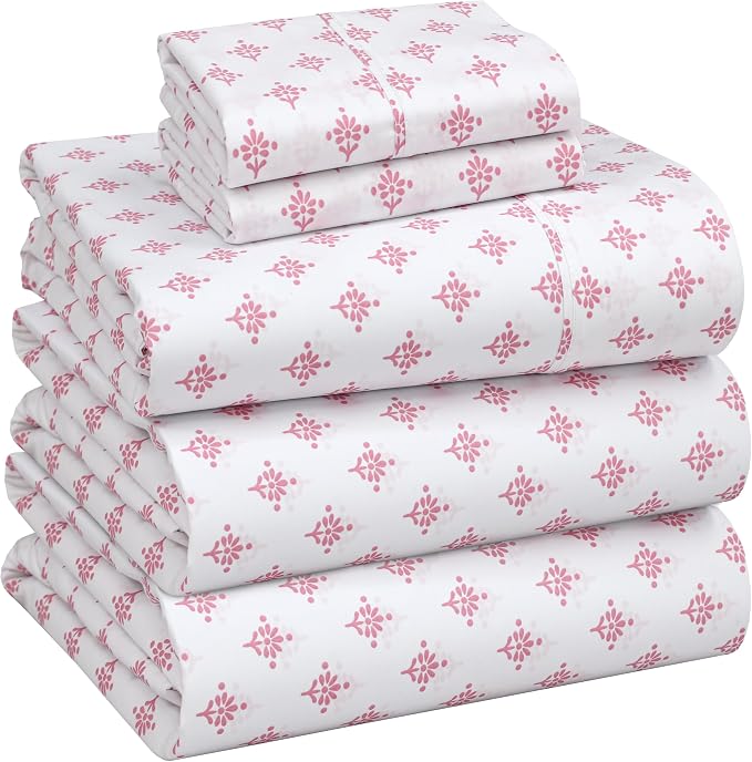 RUVANTI 100% Cotton Percale Sheets Split King Size, Block Print Motif | Crisp Cooling, Deep Pocket 16", Soft Breathable & Durable, Hotel-Style, 5 Piece Set