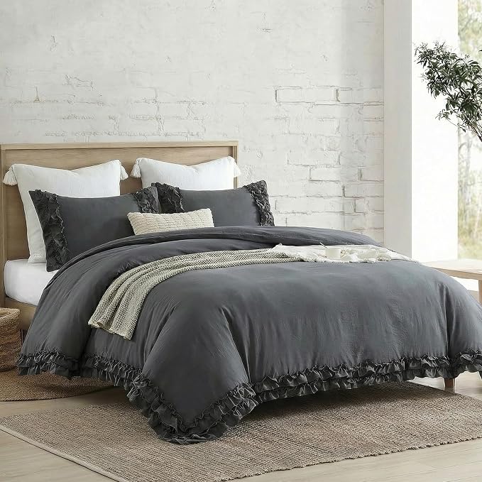 Dark Grey Ruffled Duvet Cover Queen Boho Bedding Set Gary Ruffle Fringe Shabby Chic Bedding Super Soft Cozy Farmhouse Duvet Cover Set for All Season