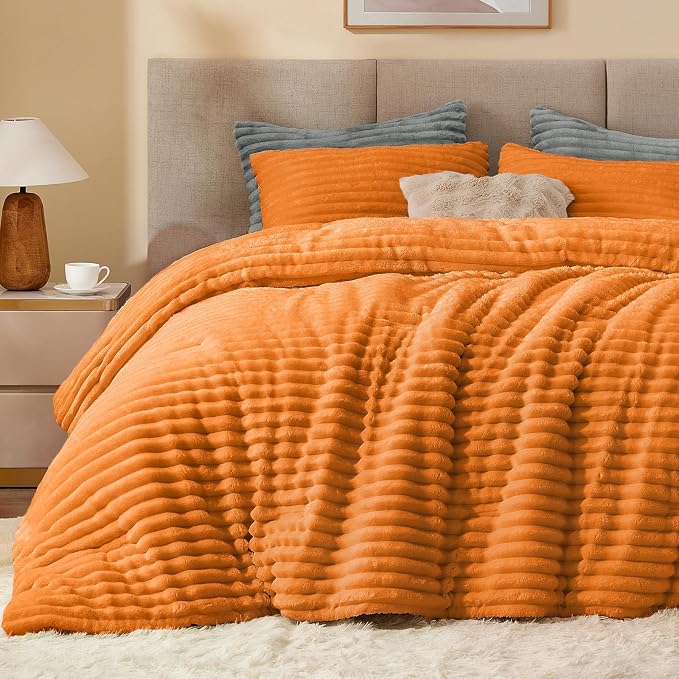 BEDELITE Fleece Full Comforter Set, Fluffy Bed Set, Burnt Orange | Super Soft & Warm Bedding, Luxury Fuzzy Faux Fur Comforter for Winter, Heavy Plush Bedding, with 2 Pillowcases
