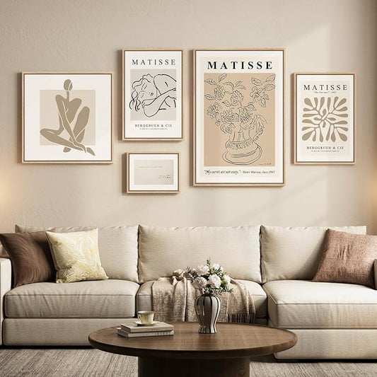 Large Framed Matisse Minimalist Neutral Wall Art for Living Room, 5 Piece | Fine art, Canvas, Modern, Abstract, Botanical, Geometric, Waterproof, Bedroom/Dining room/Hallway/Office/Wall decor