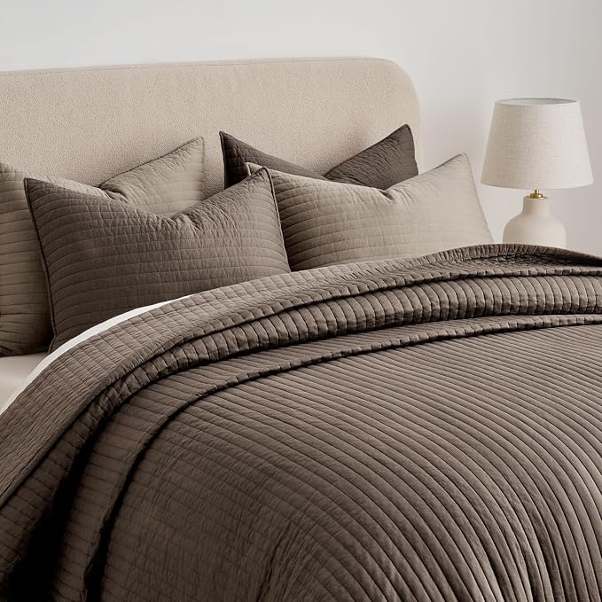 EVERGRACEHOME Cotton Sateen Quilt Set, King Size, Mocha Brown | 100% Cotton, Channel Stitch Coverlet Bedspread, Pre-Washed Lightweight Soft Bedding Set for All Season, 3 Piece, with 2 Shams