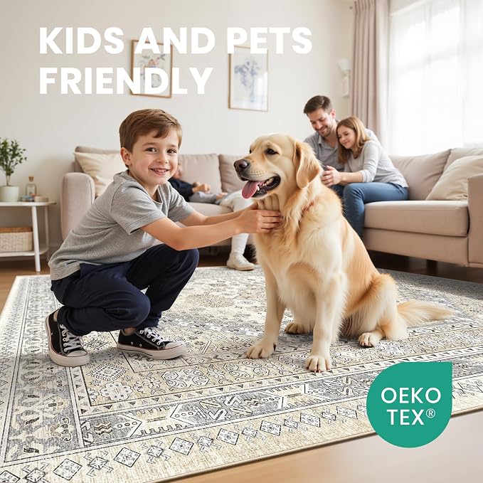 8x10 Area Rugs for Living Room,Large Washable Rug,Beige | Rugs for Bedroom,Dining Room,Office,Low Pile,Soft, Vintage Rug,Stain Resistant Indoor Carpet,Non Slip,Home Decor