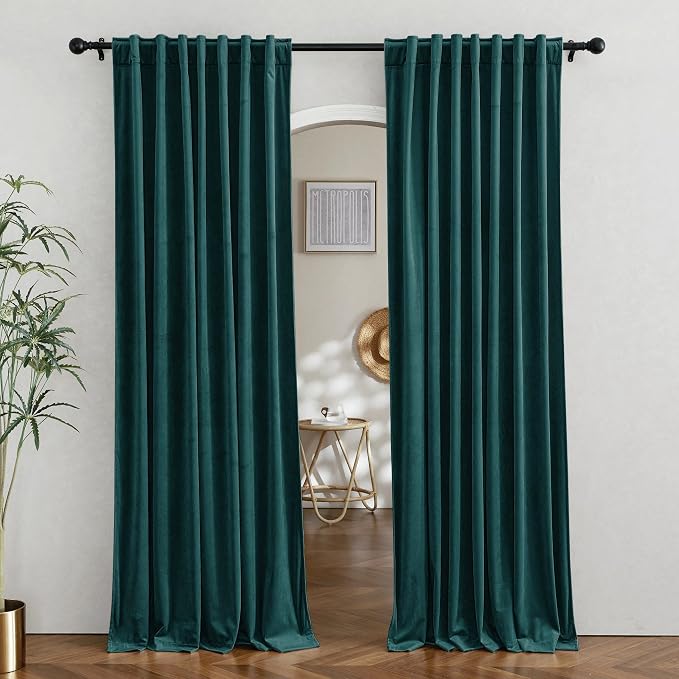 RYB HOME Velvet Curtains 90 inches Long for Sliding Patio Door | Thermal Insulated， Privacy UV Heat Blocking, Back Tab, Room Divider for Space Separation, W62 x L90, Peacock Blue, 2 Panels