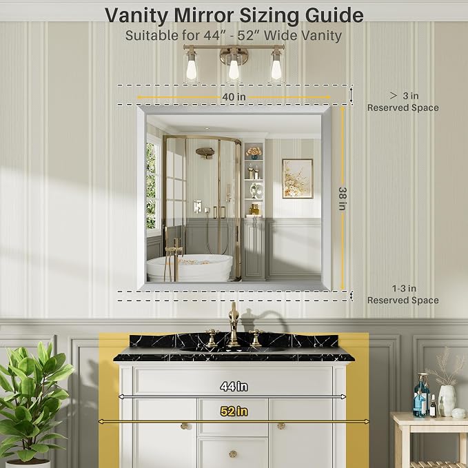 Bathroom Wall Mirror, Silver Brushed Nickel Metal Frame, 40x38 Inch | Anti-rust, HD tempered glass, for bathroom vanity, bedroom, living room, horizontal or vertical mount