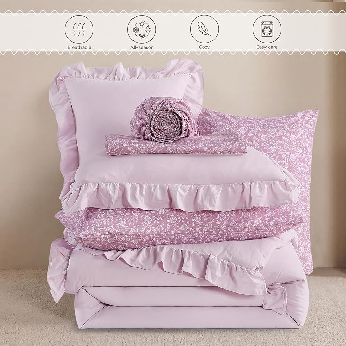 Full Size Comforter Sets-7 Pieces Ruffle Bedding Floral Sheet | Mauve Vine Bed in a Bag, Soft Lightweight All Season Farmhouse Full Size Bedding Sets with Floral Sheets, Pillowcases & Shams
