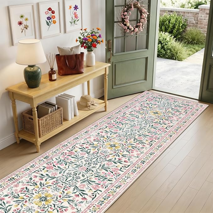 PLHXFR 2.6x14 Washable Runner Rug：Floral Indoor Kitchen Carpet Pink Green | For Hallway Bedroom Kitchen Laundry Bathroom Dorm,Vintage Floral,Machine washable,Non Slip,Stain Resistant,Indoor Floor