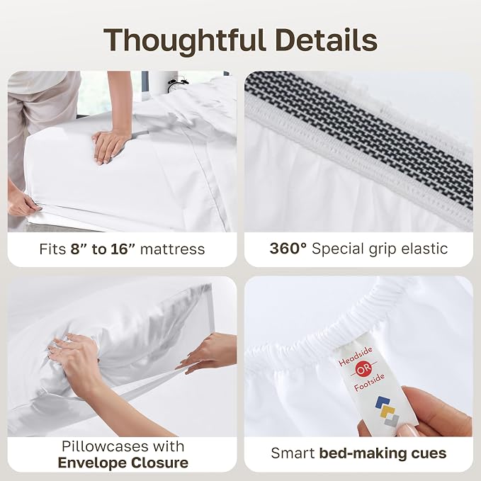 California Design Den 100% Egyptian Cotton California King Sheets Set | Backed by Good Housekeeping Seal, Light & Airy Soft Sateen, 16" Deep Pocket, All-Around Elastic, 4pc Set - Bright White