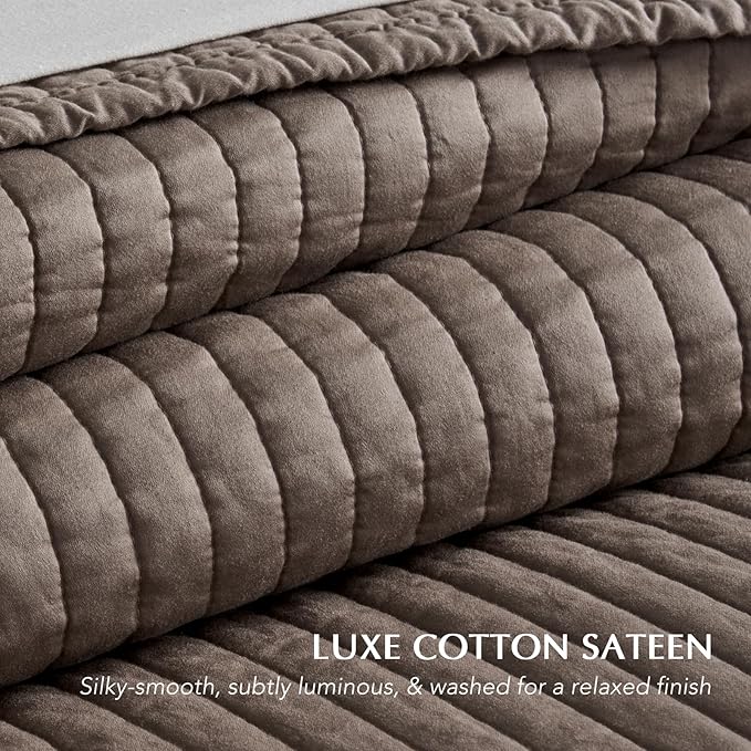 EVERGRACEHOME Cotton Sateen Quilt Set, King Size, Mocha Brown | 100% Cotton, Channel Stitch Coverlet Bedspread, Pre-Washed Lightweight Soft Bedding Set for All Season, 3 Piece, with 2 Shams