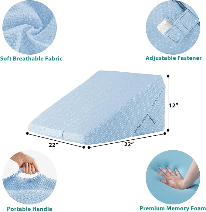 Wedge Pillow for Sleeping, Adjustable 9&12 Inch Foldable Bed Wedge Pillow Set, Orthopedic Memory Foam Triangle Pillows Wedge, 7-in-1 Elevated Pillows for Leg and Back Support, Light Blue
