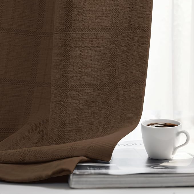 Beauoop Brown Plaid Jacquard Blackout Curtains for Bedroom 52x63 2 Panels | Gingham Checkered Room Darkening Drapes for Living Room 63 Inch Long Thermal Insulated Soundproof Window treatment Grommet