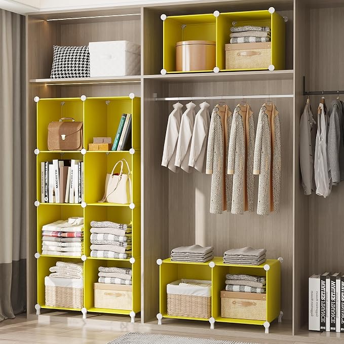 AWTATOS Cube Storage Organizer Closet Organizers 12 Cube Storage Shelves | Protable Closet for Kids DIY Stackable Cube Shelves Bookshelf Clothes Organizer for Bedroom, Home, Yellow