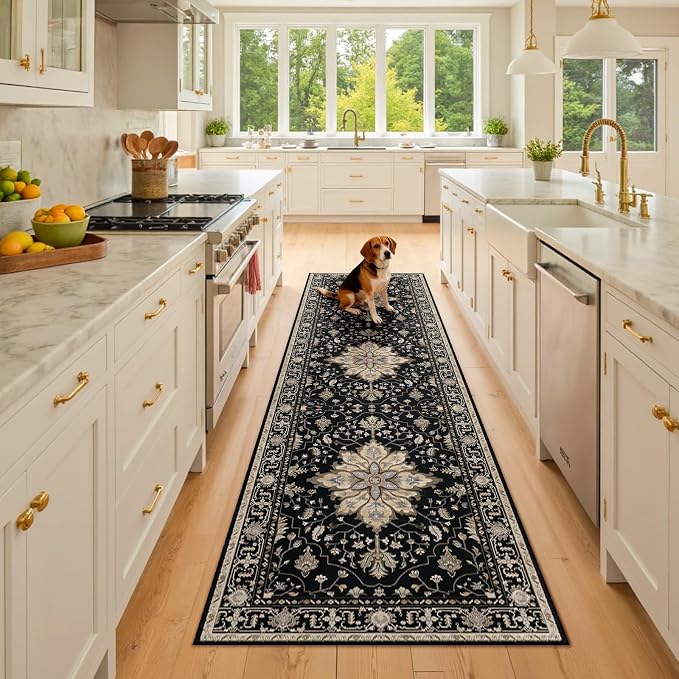 RELEANY Washable Area Rug, Runner 2'x8', Black/Neutral | Non-Slip, Water Repellent, Pet Friendly, Easy to Clean, Vintage Floral Boho Decor for Kitchen Hallway Bedroom Laundry