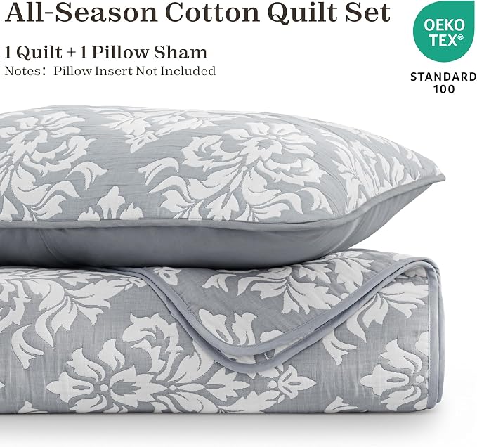 Exclusivo Mezcla Cotton Quilts Twin Size Grey | Soft Lightweight Bedspread, Breathable Prewashed Yarn Dyed Muslin, All Season Bedding Set, Boho Coverlet With 1 Pillow Sham
