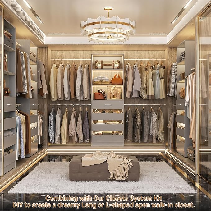 Aheaplus Closet System, 4-9Ft Closet Organizer with 4 Wooden Drawers, Grey | Wood Closet Organizer System with Tower, Walk-in Closet Organizer Wardrobe Clothes Rack with 4 Hanging Rods, Garment Rack