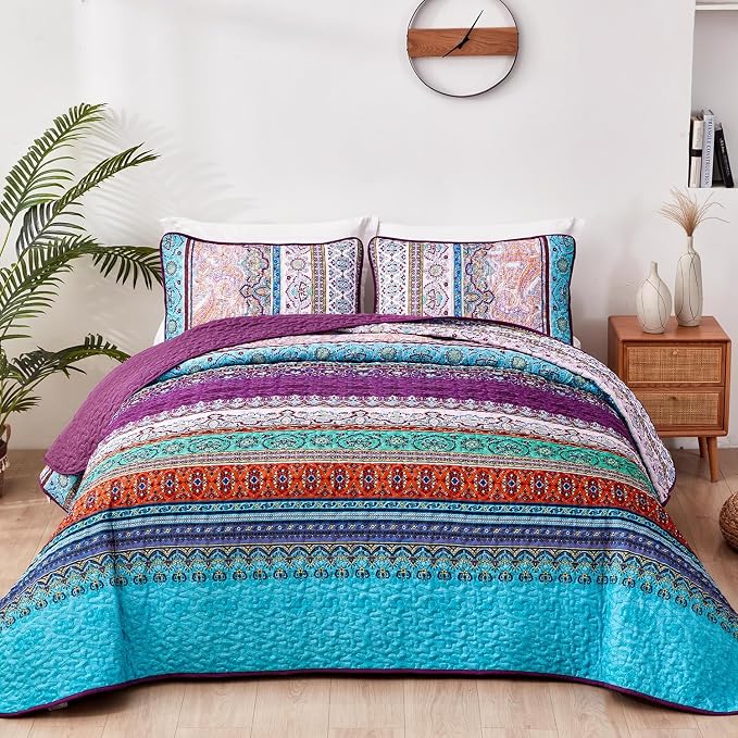 WONGS BEDDING Purple Quilt California King Size, Boho Stripe Bedding Set | Lightweight Soft Bedspread Coverlet,Modern Style Bohemian Pattern Bed Cover for All Seasons,3 Piece(1 Quilt,2 Pillow Shams)