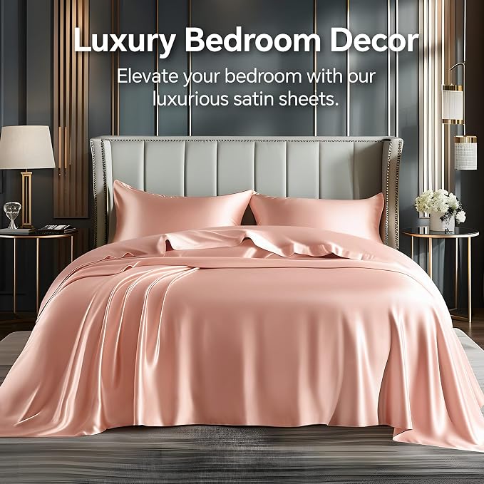 BEDELITE Satin Sheets Queen Size Bed Set, Coral Pink, 4 Pieces | Luxury Silky Bed Sheets, 15 Inch Deep Pocket, Similar to Silk, Soft and Cooling, Reduces Friction, Gentle on Hair and Skin