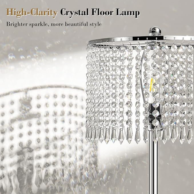 【Upgraded】 Dimmable Crystal Floor Lamps for Living Room, 1000LM LED Bulb Included, Standing Lamp with Knob Switch, Tall Silver Modern Floor Lamp for Bedroom Nursery Office Reading