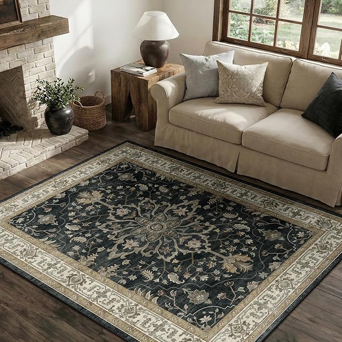 RELEANY Washable Area Rug, 4'x5', Black/Vintage/Beige | Non-Slip, Water Repellent, Pet Friendly, Easy to Clean, Vintage Floral Boho Decor for Living Room Bedroom Kitchen Office