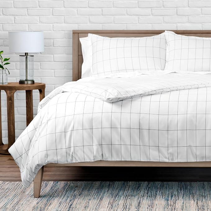 Bare Home Duvet Cover Set 1800 Ultra-Soft (Twin/Twin XL, Grid - White/Grey) | Lightweight, Cooling, Breathable, Premium 1800 Ultra-Soft, All-Season