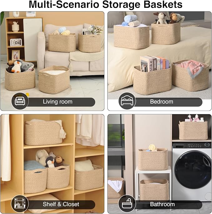 ICERZCZ Storage Baskets for Organizing & Shelves, Woven Cotton Rope Organization Bins for Dog Toys, Clothes, Books, Nursery Organizer, 15"Lx11''Wx9.5''H, (4 Packs) Brown