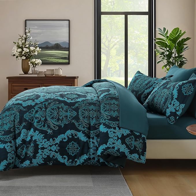 WONGS BEDDING 7 Piece King Comforter Set, Teal Texture Breathable Microfiber Comforter Bedding Set for All Season, Damask Bed in a Bag with Comforter, Flat Sheet, Fitted Sheet, Pillowcases & Shams