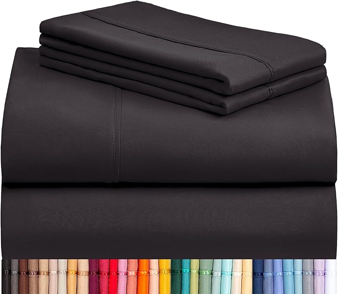 LuxClub Queen Sheet Set, Deep Pocket Bed Sheet Queen Size 4PC, Cooling Soft Bed Sheets, Breathable Hotel Luxury Bedding Wrinkle Free, Silky Fitted Sheet & Pillowcase Sets, Black Queen | LuxClub Silky Fitted Sheet & Pillowcase Sets, Breathable Hotel Lux...