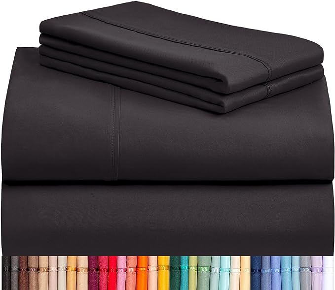LuxClub King Size Sheets Set, Deep Pocket King Sheets Bed Sheets 4PC, Cooling Sheets King Size Breathable, Soft Hotel Luxury Bedding Wrinkle Free, Silky Fitted Sheet & Pillowcase Sets, Black | LuxClub Silky Fitted Sheet & Pillowcase Sets, Breathable Ho...