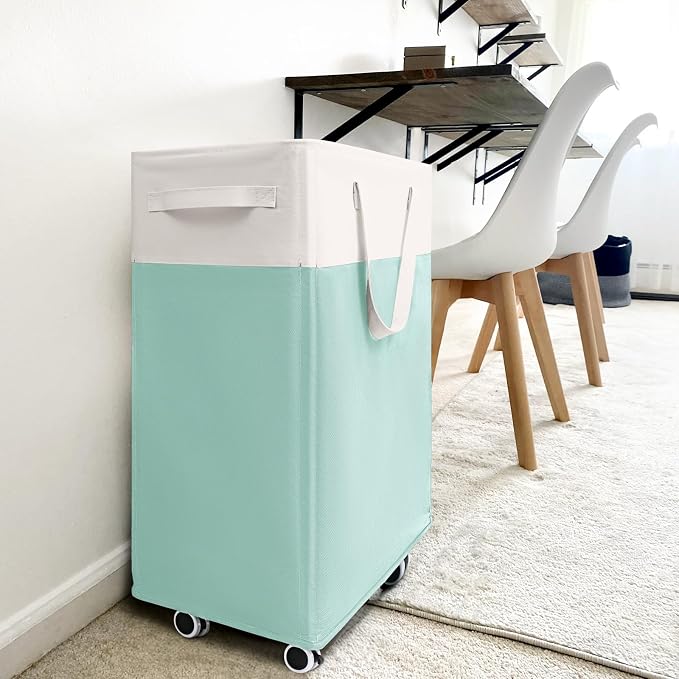 Goodpick Laundry Basket with Wheels, 75L Laundry Hamper with Wheels, Large Laundry Basket with Removable Wash Bag, Clothes Hamper for Laundry, Blue&White | Clothes Hamper with Removable Wash Bag for Laundry Room, Large Rolling Laundry Basket with Handl...