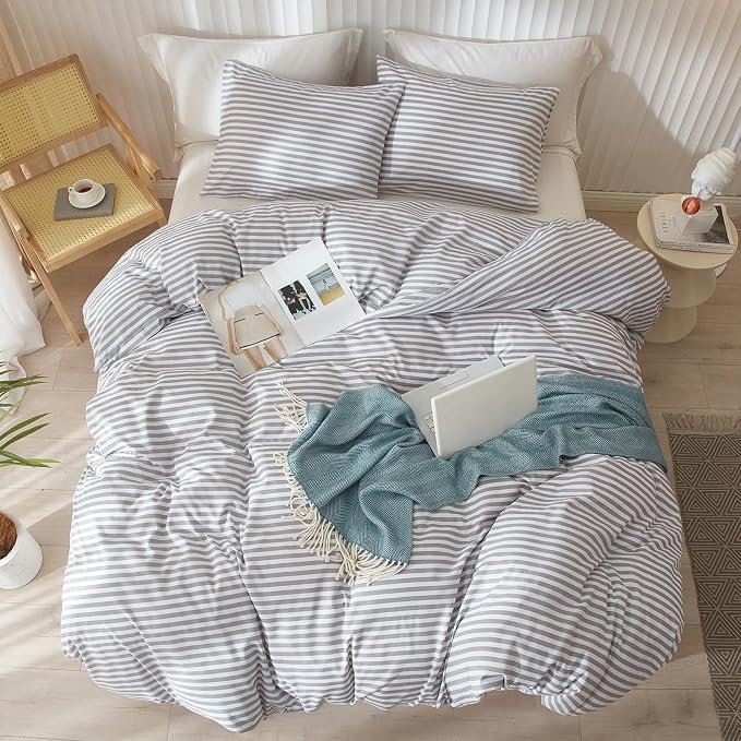 LifeTB Queen Comforter Set Grey White Stripes Comforter 3 Pieces Fluffy Soft Lightweight Bedding Comforter for All Season Down Alternative Comforter Boho Farmhouse Bedding Striped Comforter Set