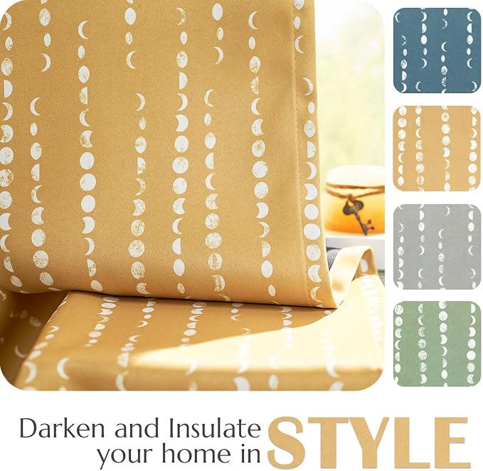 jinchan Boho Blackout Curtains 90 Inches Long Moon Phase Printed Drapes | Mustard Yellow Farmhouse Curtain for Bedroom Living Room Back Tab Rod Pocket Drapes Room Darkening Window Treatment 2 Panels