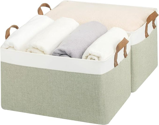 StorageWorks Closet Storage Bins, Green and White, Extra Large, 2-Pack | With Reinforced PU Handles, Metal Frame, Collapsible, Storage Basket for Shelves, Closet, Holds Clothes, Towels, Blankets