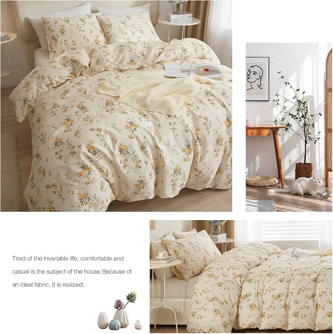 mixinni Aesthetic Floral Duvet Cover Set King Size, Farmhouse Boho Yellow Flowers Leaves Cute Bedding Set for Women, 1 Soft Cotton Chic Duver Cover and 2 Pillowcases for All Seasons-King Size
