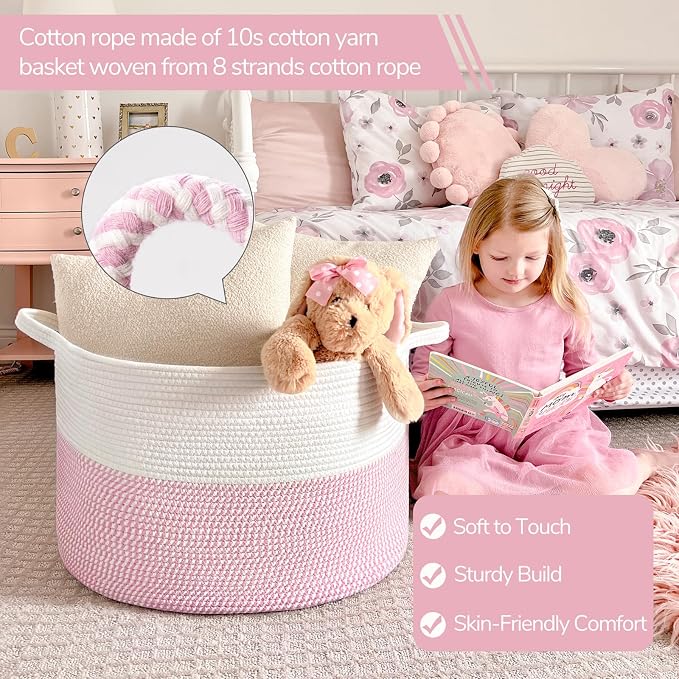 INDRESSME XXXLarge Woven Rope Blanket Basket Living Room Pink, 90L | Pink room decor woven rope basket for stuffed animal storage, toys & pillows. For girls room & nursery, soft-touch, kid-safe