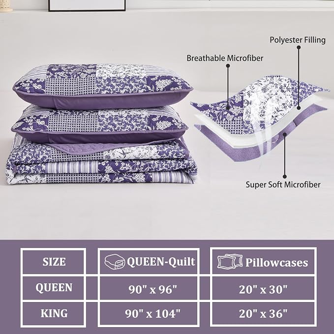 Mybedsoul Boho Quilts Queen Size, Patchwork Reversible Bedding Set, Purple | Soft Lightweight Microfiber Floral Coverlet Set, 3 Pieces Plaid Reversible Bedspread, Bed Sets for All Seasons 90"x96"