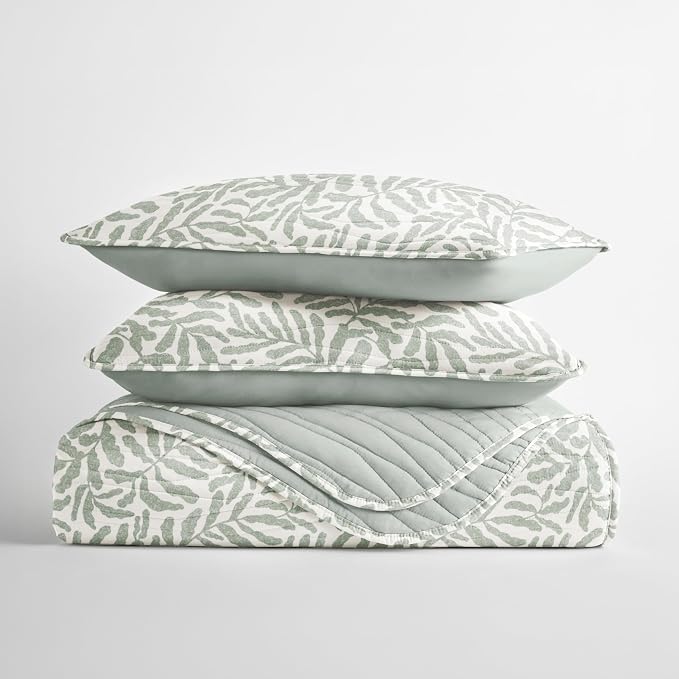 Merit Linens 3 Piece Quilt Set - Super Soft - Lightweight - All Season Quilted Coverlet - Floral Patterns - Full/Queen Eucalyptus