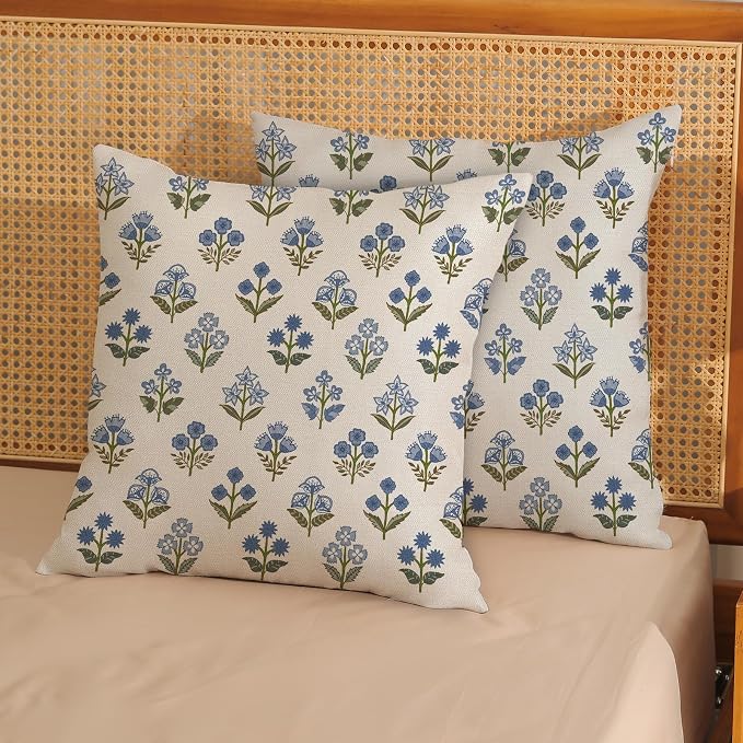 Blue Green Pillow Covers 20x20 Inch 2 Pcs Block Print Vintage Floral Decor Throw Pillows Boho Flower Spring Summer Outdoor Seasonal Decoration Pillowcase Linen Cushion Cover for Couch Sofa