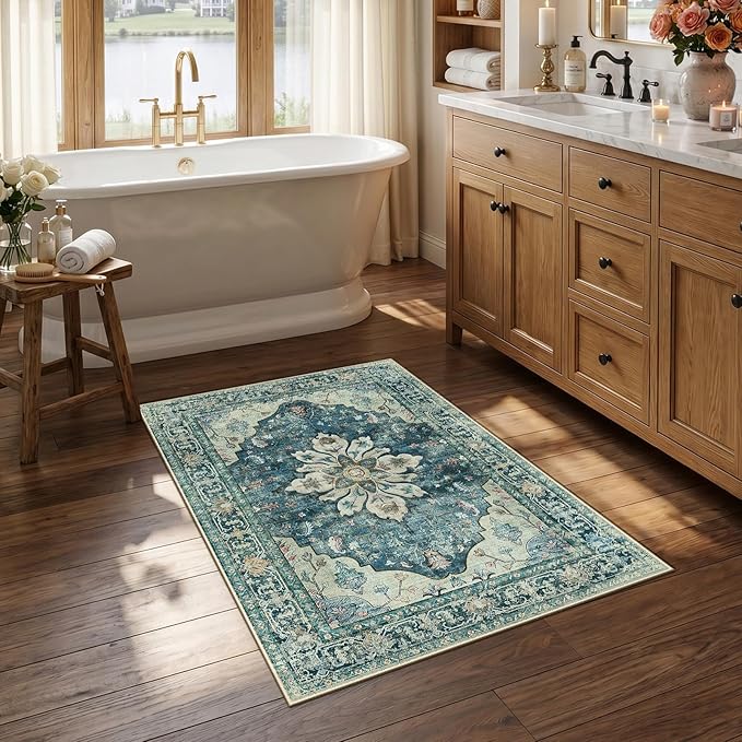 RELEANY Washable Area Rug, Small 2'6"x4', Blue/Vintage Dark Blue | Non-Slip, Water Repellent, Pet Friendly, Easy to Clean, Vintage Floral Boho Decor for Kitchen Entryway Bathroom