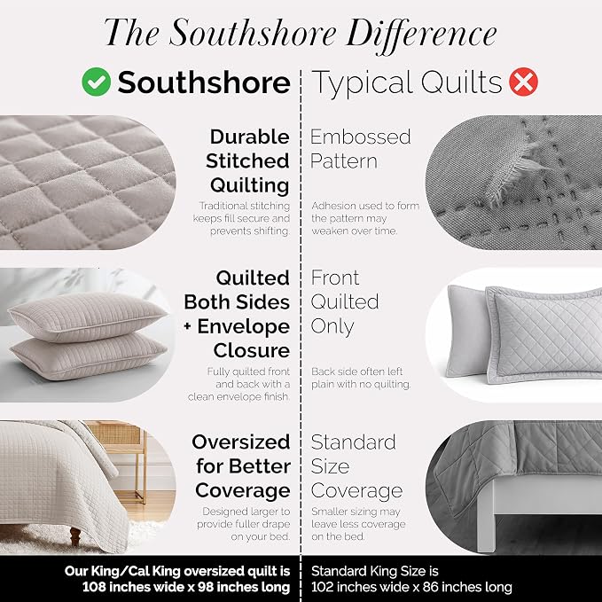 Southshore Fine Living, Inc. King Quilt Bedding Set, Quilted Coverlet Bed Spread for California Kings, Luxury Bedding King Size Quilt Bedding Set, Lightweight Quilted Bedspread w/Shams, Natural Beige