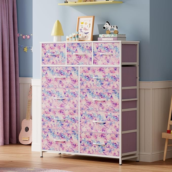 WLIVE Tall Dresser for Bedroom, 11 Drawer Chest of Drawers, Tie-Dye | 11 fabric storage drawers, Tall high-capacity design, Bedroom or dorm use, Sturdy steel frame, Smooth wood tabletop
