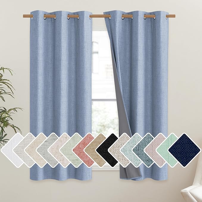 NICETOWN Stone Blue Vintage Linen 100% Blackout Curtains for Dining Room, Thermal Insulated Curtains 54" Long, Noise Reducing Window Treatment Drapes for Kitchen, 42" Wide Per Panel, Set of 2