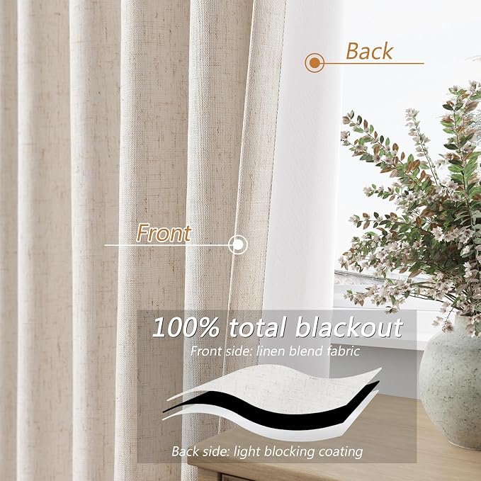 100% Blackout Linen Curtains 84 Inch Length 2 Panels Set for Living Room Bedroom Back Tab Thermal Insulated Black Out Drapes Room Darkening Farmhouse Style for Bedroom Window Curtains 52x84