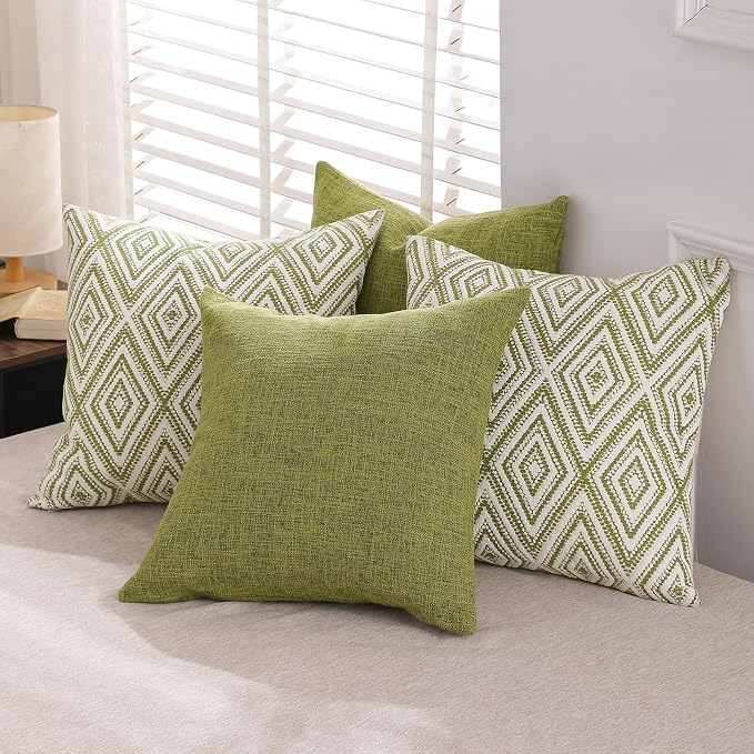 HPUK Throw Pillow Covers 20x20, 4 Pack, Green Textured Couch Pillow Covers | Polyester fabric, patterned and solid designs, hidden zippers, machine washable, for sofas and beds, inserts not included